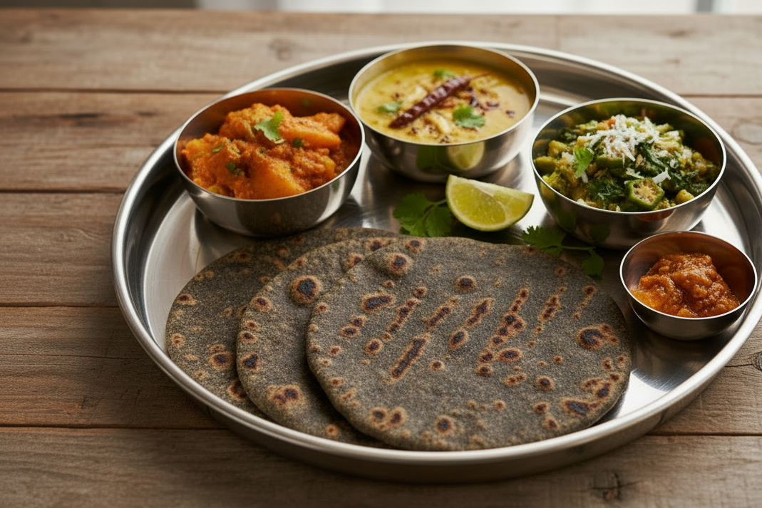Platter of Indian food including roti, curries, and side dishes on a wooden table.